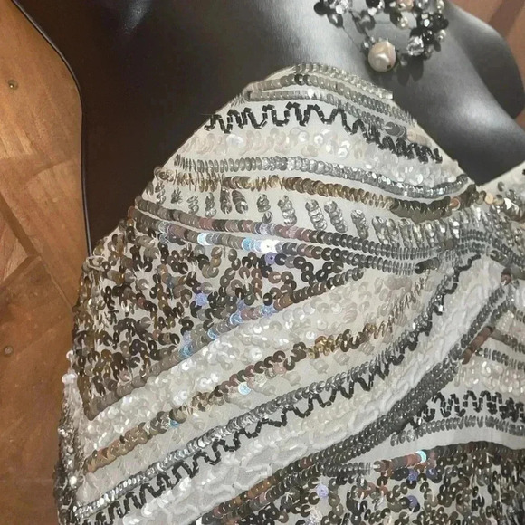 Scalia Sequins/ Off white Silk Dress-4 - Picture 5 of 13